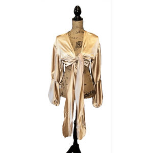 Akira Gold Shinny Satin Top Tie Front Blouse Size M
